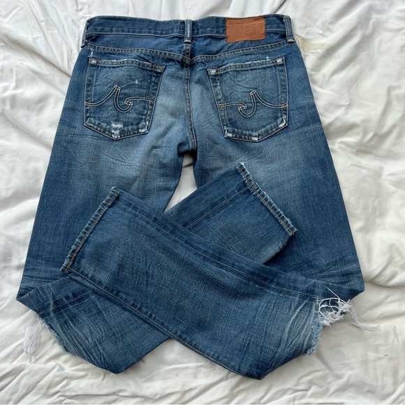 AG Straight Leg Selvedge Jeans Distressed Ripped Knees Medium Blue Wash - Picture 6 of 11